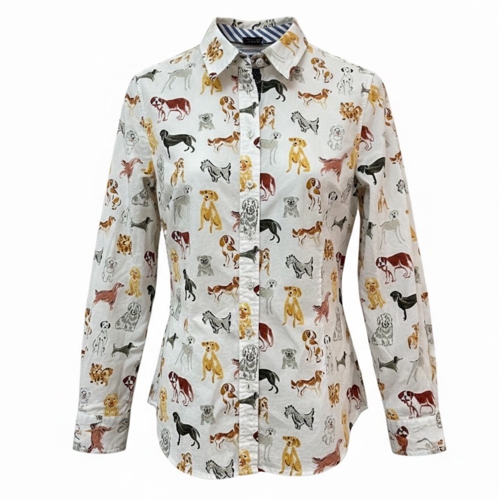 Talbots Petite Medium Dog Print Button Down Shirt White Cotton Long Sleeve Multi